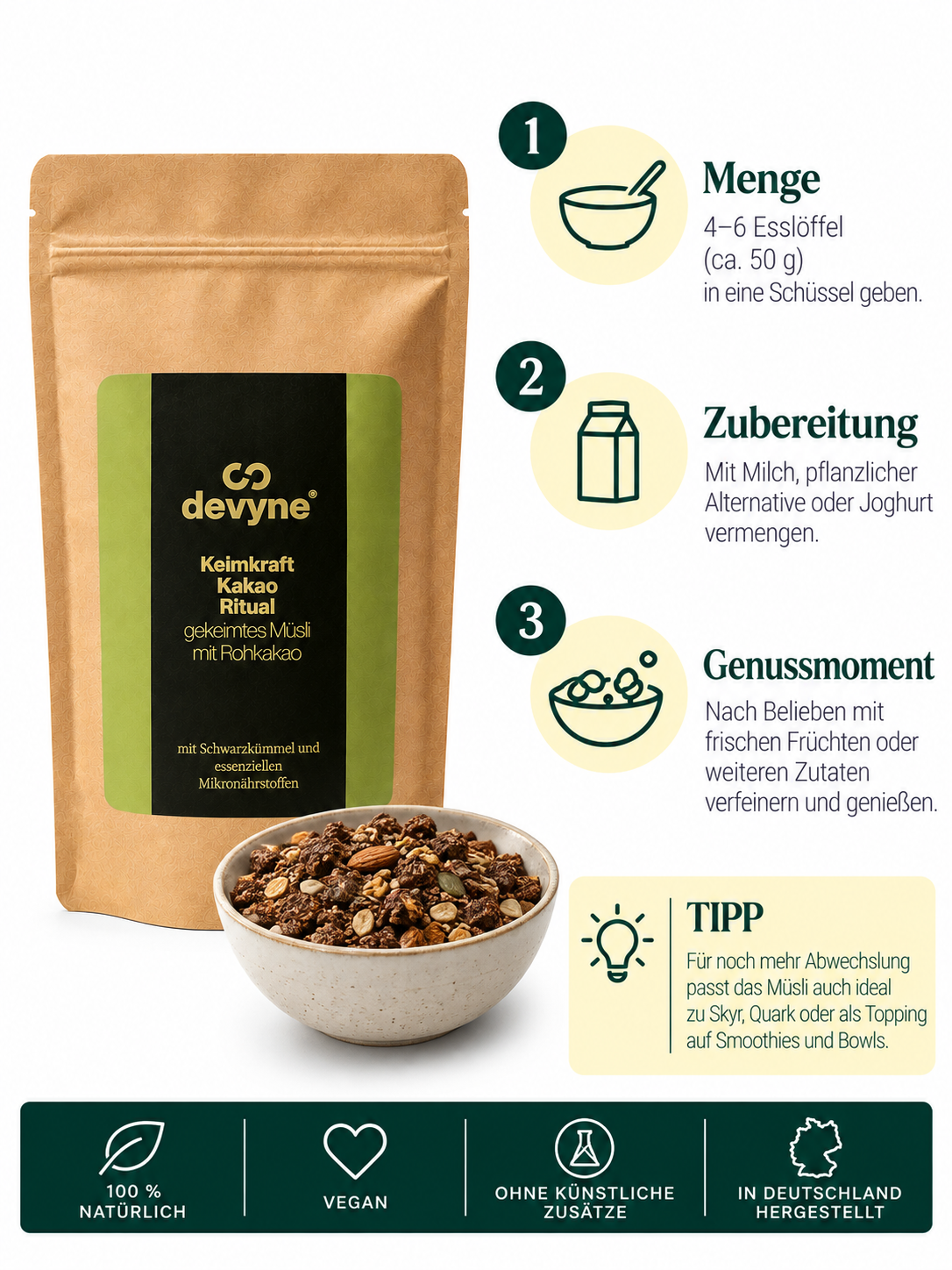 Keimkraft Kakao Ritual- gekeimtes Müsli mit Nüssen und Rohkakao